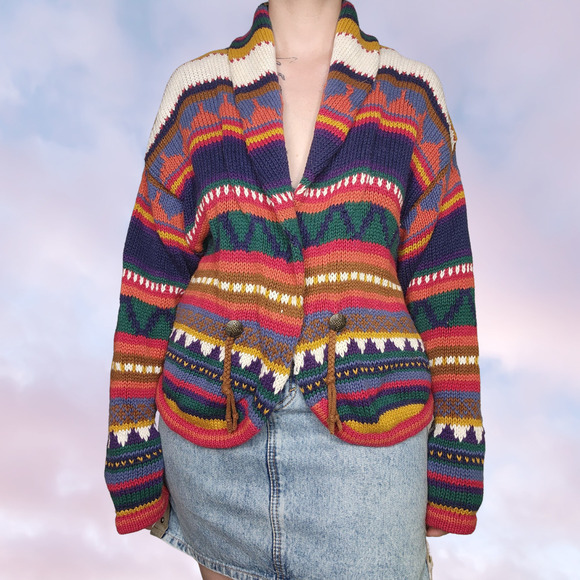 Vtg 80s Southwestern Concho Geometric Knit Colorful Rainbow Boho Sweater Sz L - Picture 1 of 9